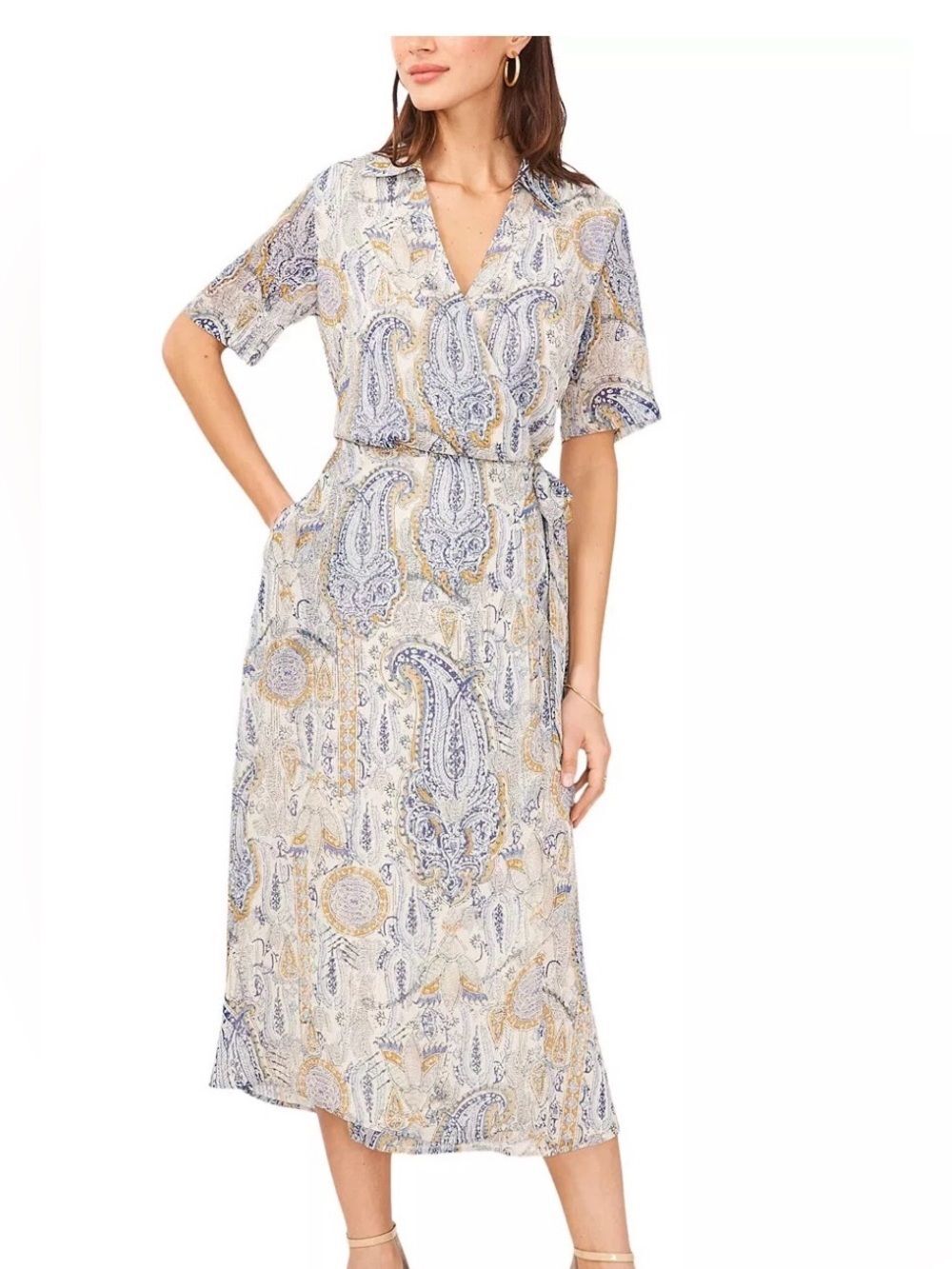 Vince Camuto Collared Maxi Wrap Dress L Paisley Blue Metallic Lurex Shimmer